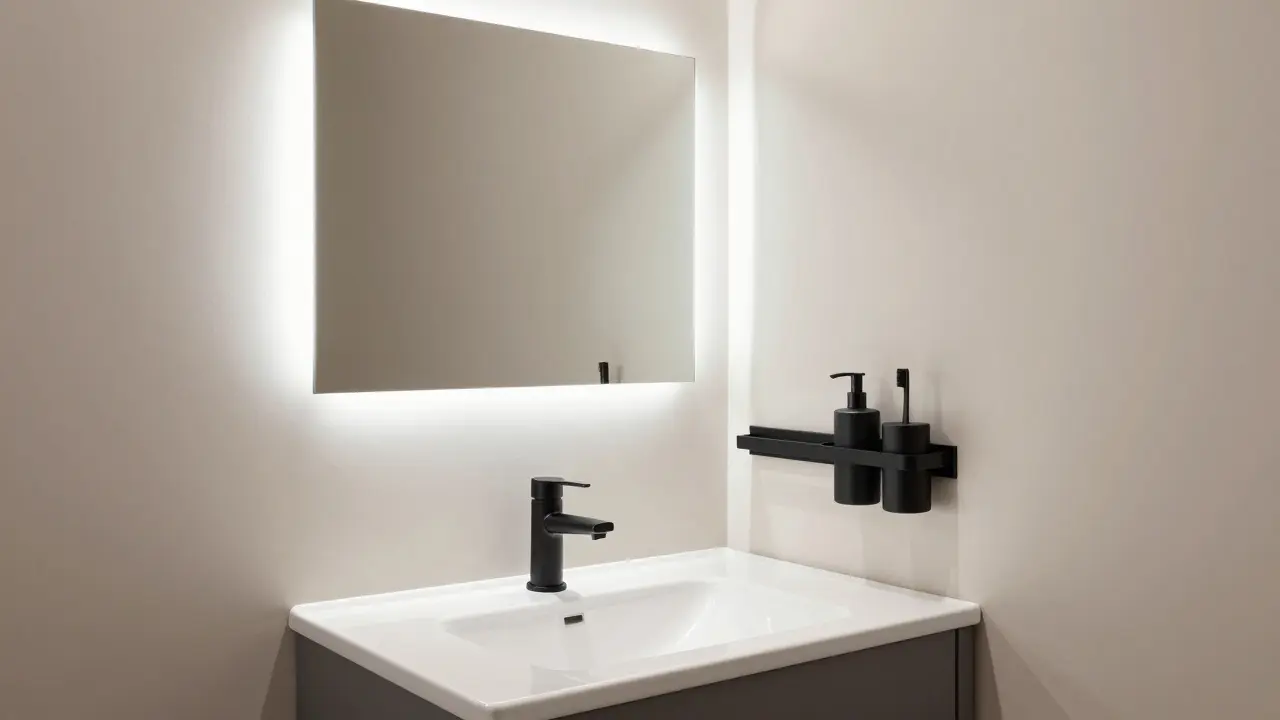 Rohové umyvadlo s velkým zrcadlem a černými doplňky v minimalistickém stylu.