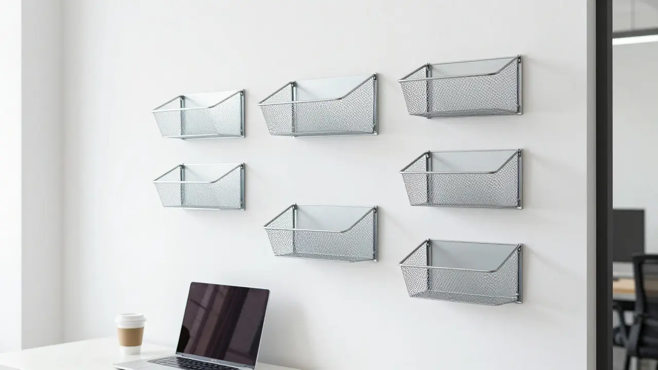 Snímanek stěnových organizérů na papíry A4 uvolňujících místo na pracovním stole.