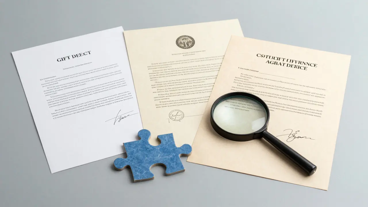 Snímky různých nabývacích titulů s lupou znázorňující kontrolu dokumentů.