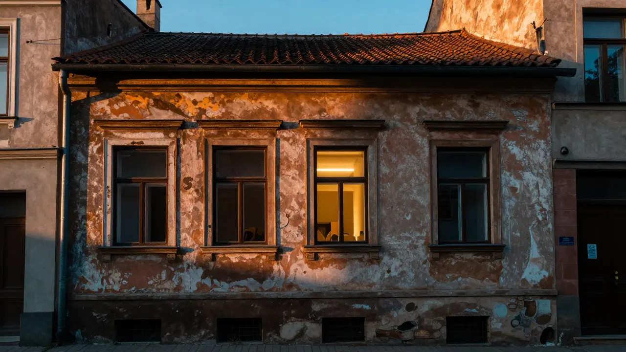 Starý činžovní dům v regionálním městě s jedním zrenovovaným bytem.