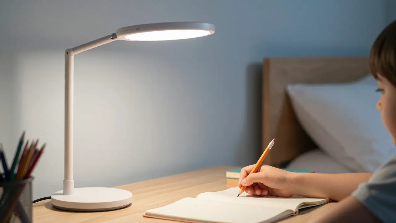 Studijní koutek s kvalitní LED stolní lampou a neutrálním bílým světlem.