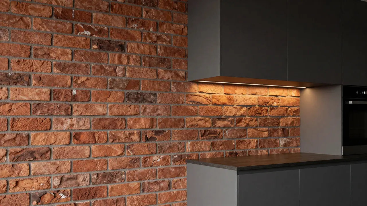 Svůj rustikální nádech mají cihlové obklady v kontrastu s tmavou kuchyňskou linkou.