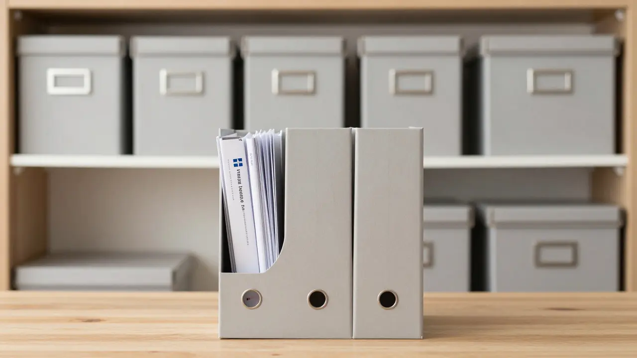 Systém tří úrovní ukládání dokumentů: stolní organizér, složky v polici a archivační boxy.