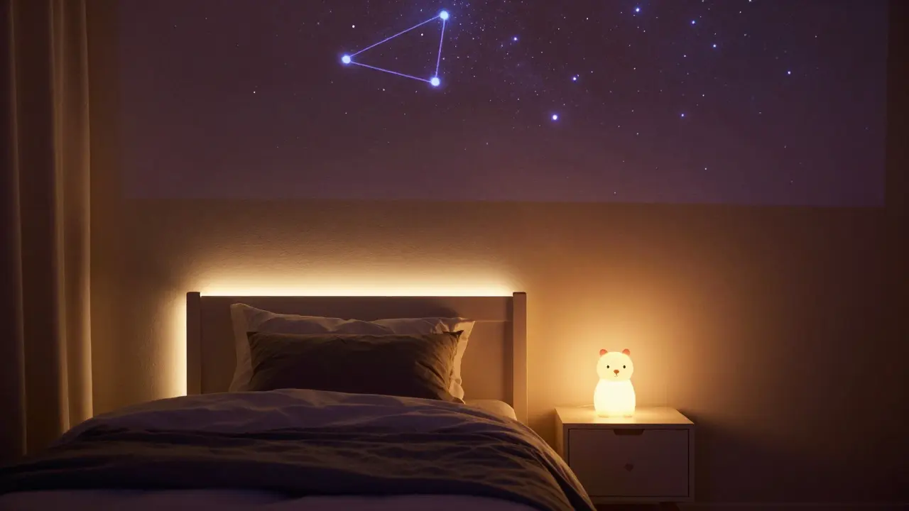 Utulný dětský pokoj s teplým ambientním osvětlením a projektorem hvězd.