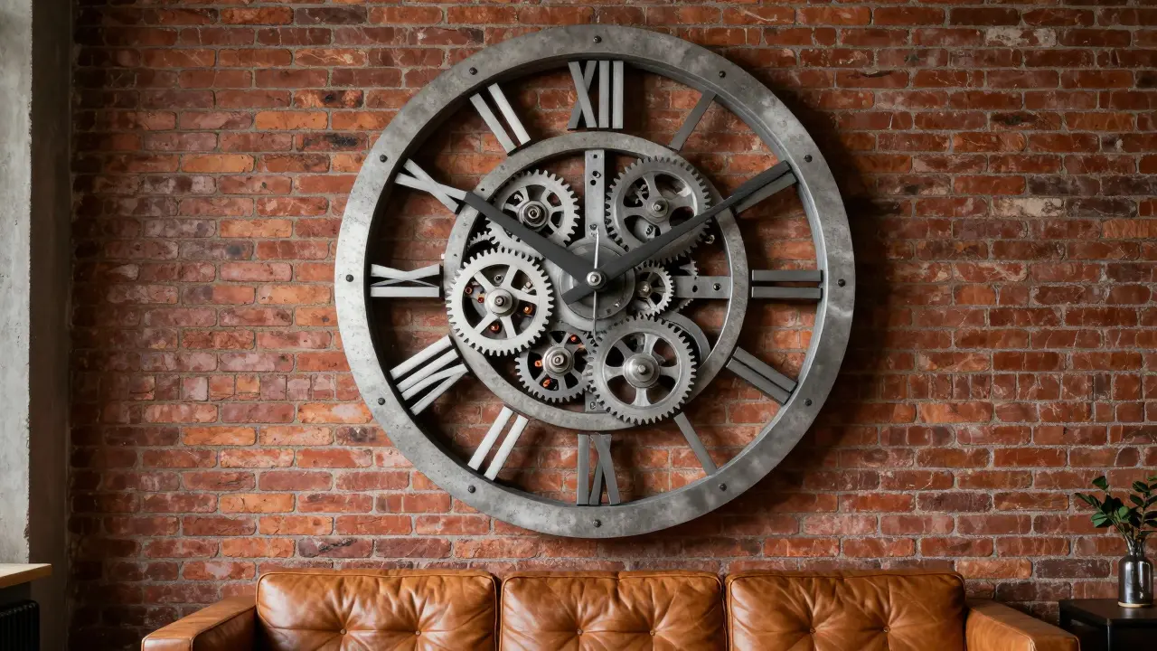 Velkoformátové industriální hodiny z oceli a betonu s viditelným mechanismem na cihlové stěně.
