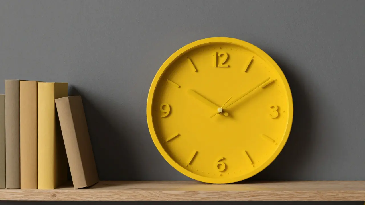 Výrazné žluté designové hodiny jako barevný kontrast na tmavě šedé stěně v pracovně.