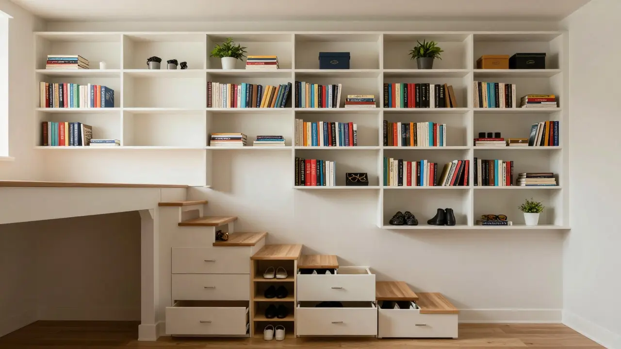 Vysoké vestavěné police až ke stropu a úložný prostor pod schody do loftu.