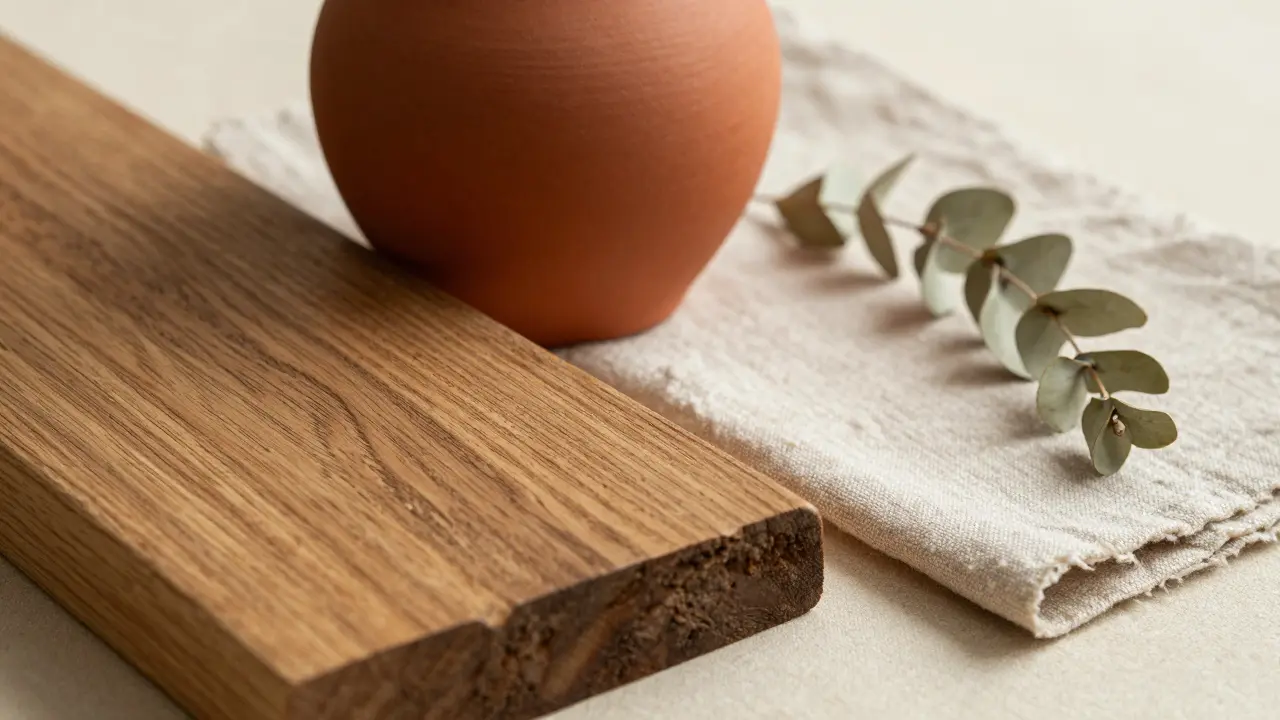 Detail přírodních materiálů: dřevo, keramika a len v zemitých tónech