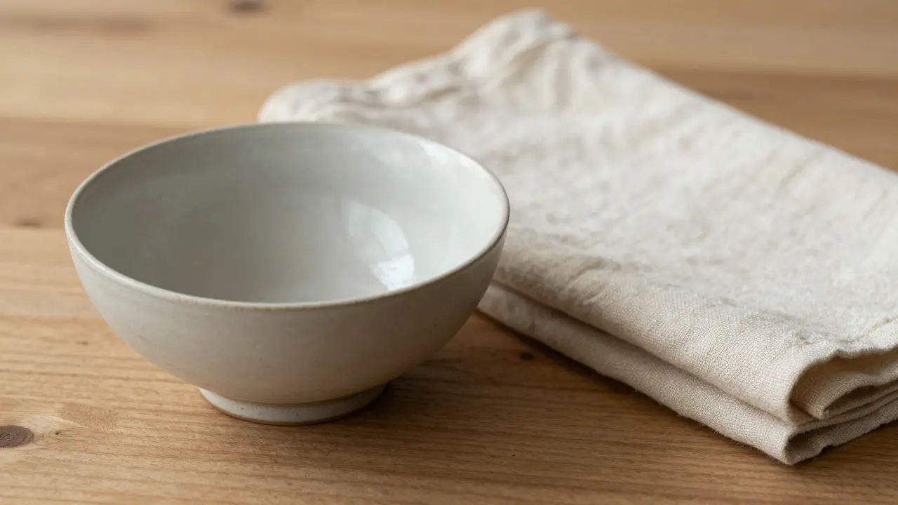 Detail přírodních materiálů: keramická miska na dubovém stole a lněná látka