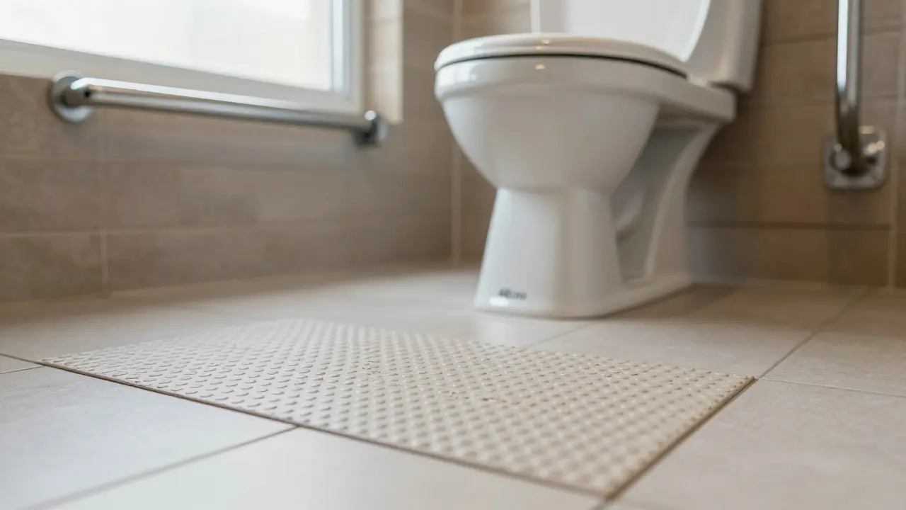 Detail protiskluzové dlažby R11 a pevně instalovaného madla v koupelně pro seniory