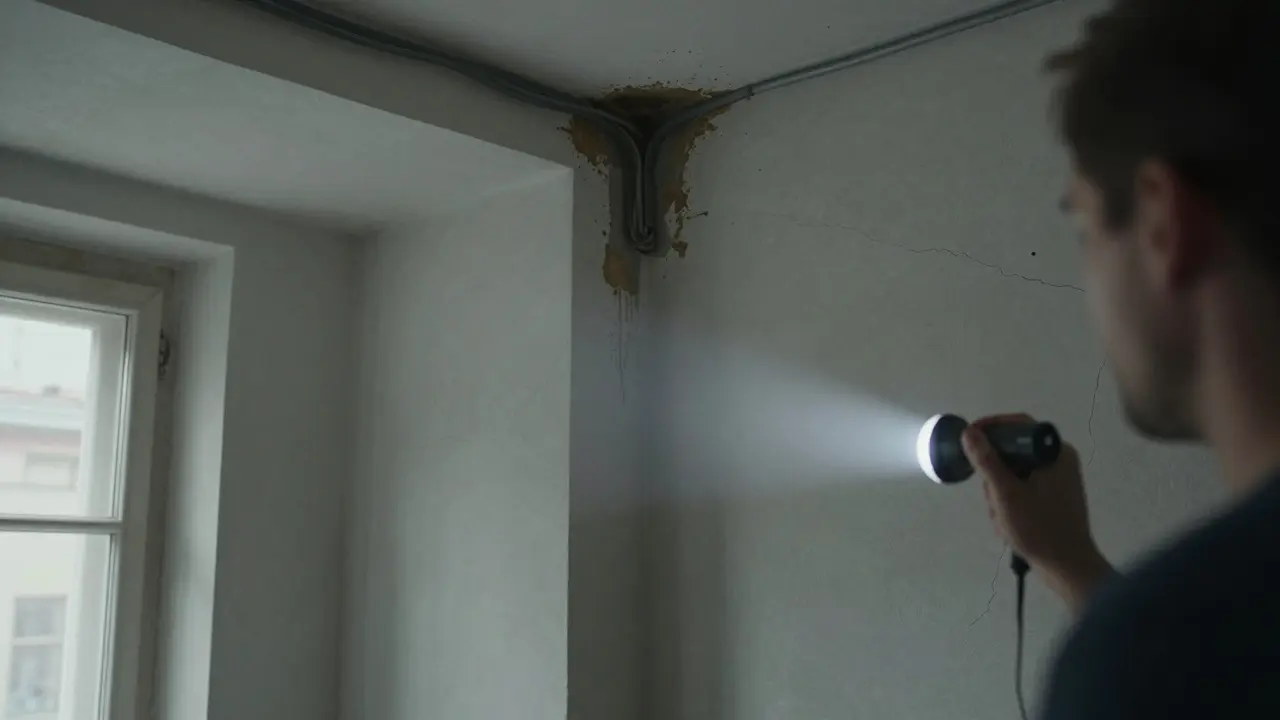Detailní pohled na trhliny ve zdi starší nemovitosti při inspekci.