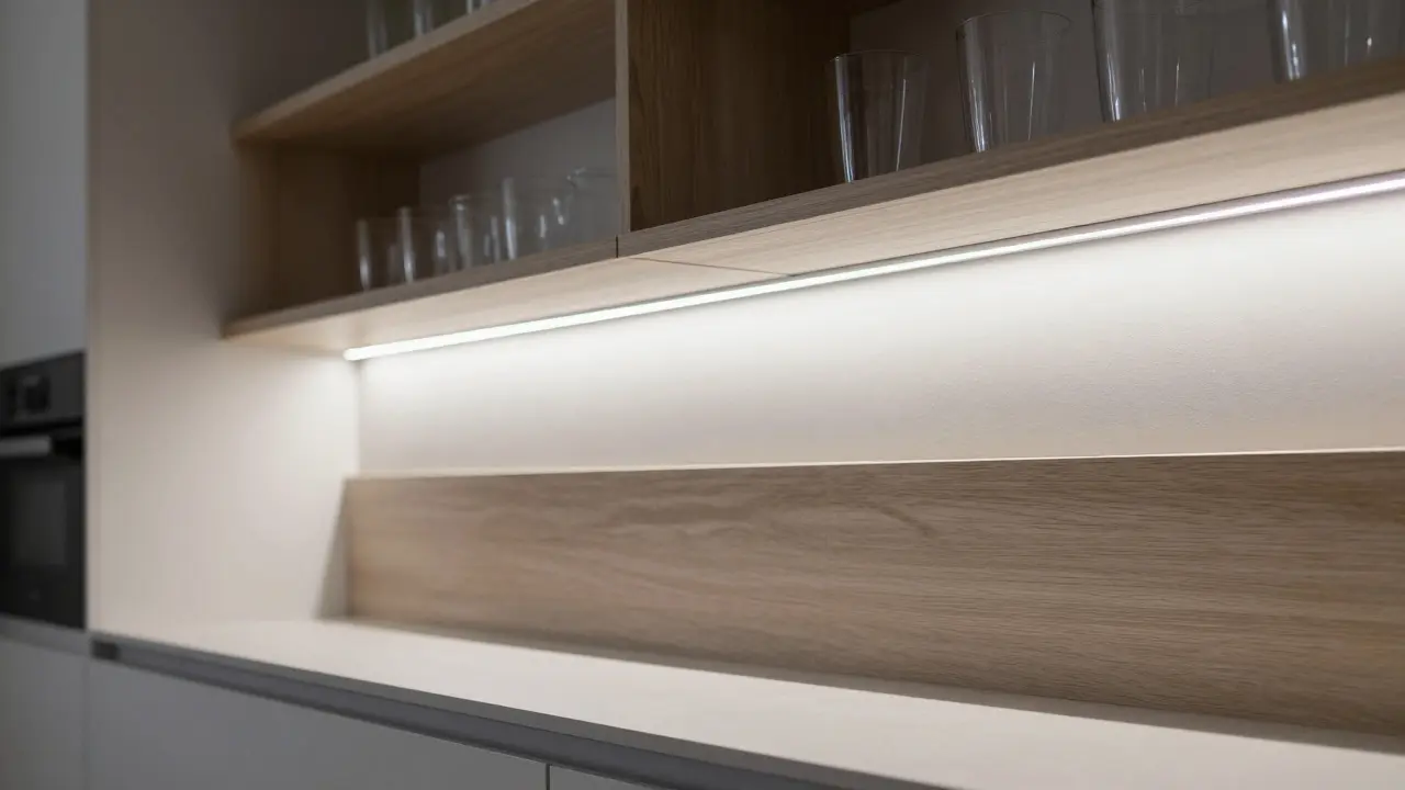 LED pásky pod kuchyňskými skříňkami odstraňují stíny a zvýrazňují hloubku