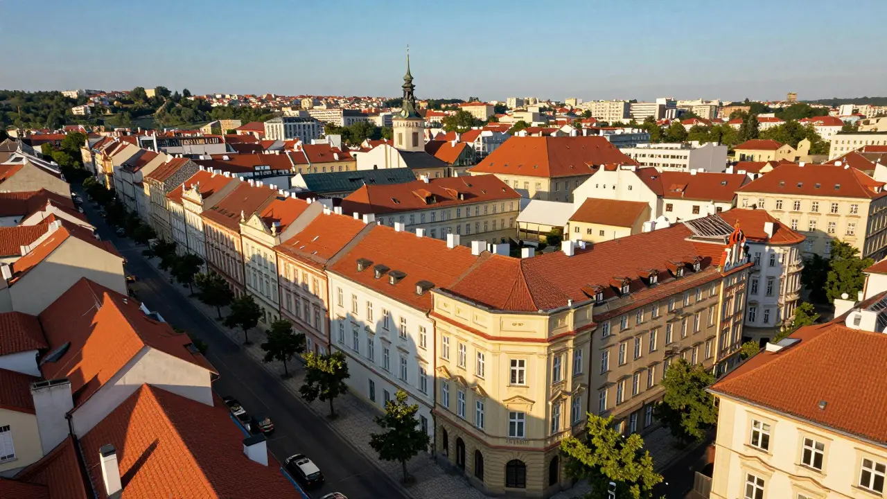 Letecký pohled na historickou ulici s dobře udržovanou architekturou