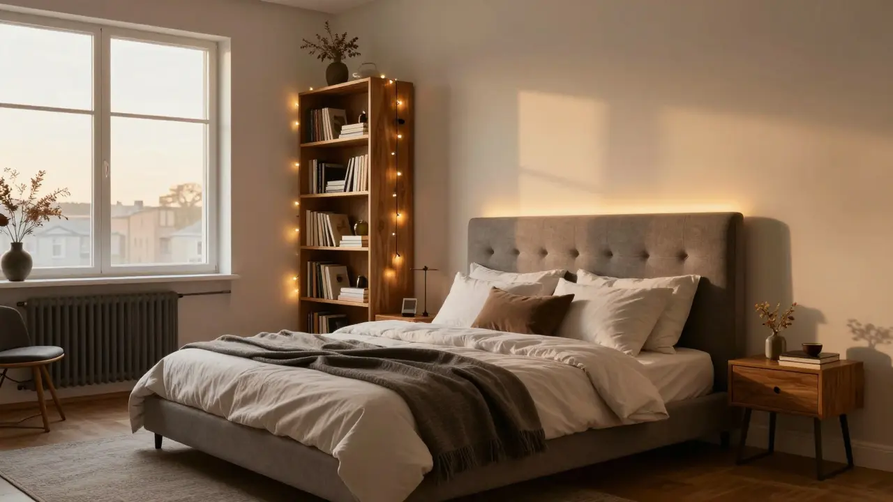 Ložnice s textilním čelem postele a LED osvětlením