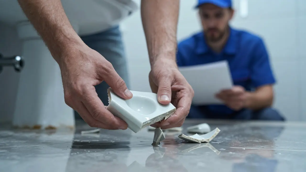Poškozené umyvadlo a zaplavená koupelna během stavebních prací
