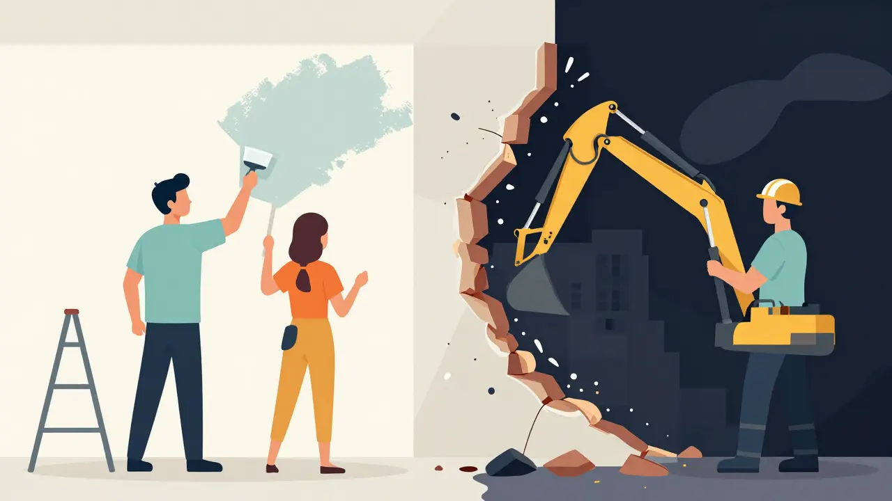 Rozdíl mezi drobnou úpravou a kompletní rekonstrukcí v ilustraci