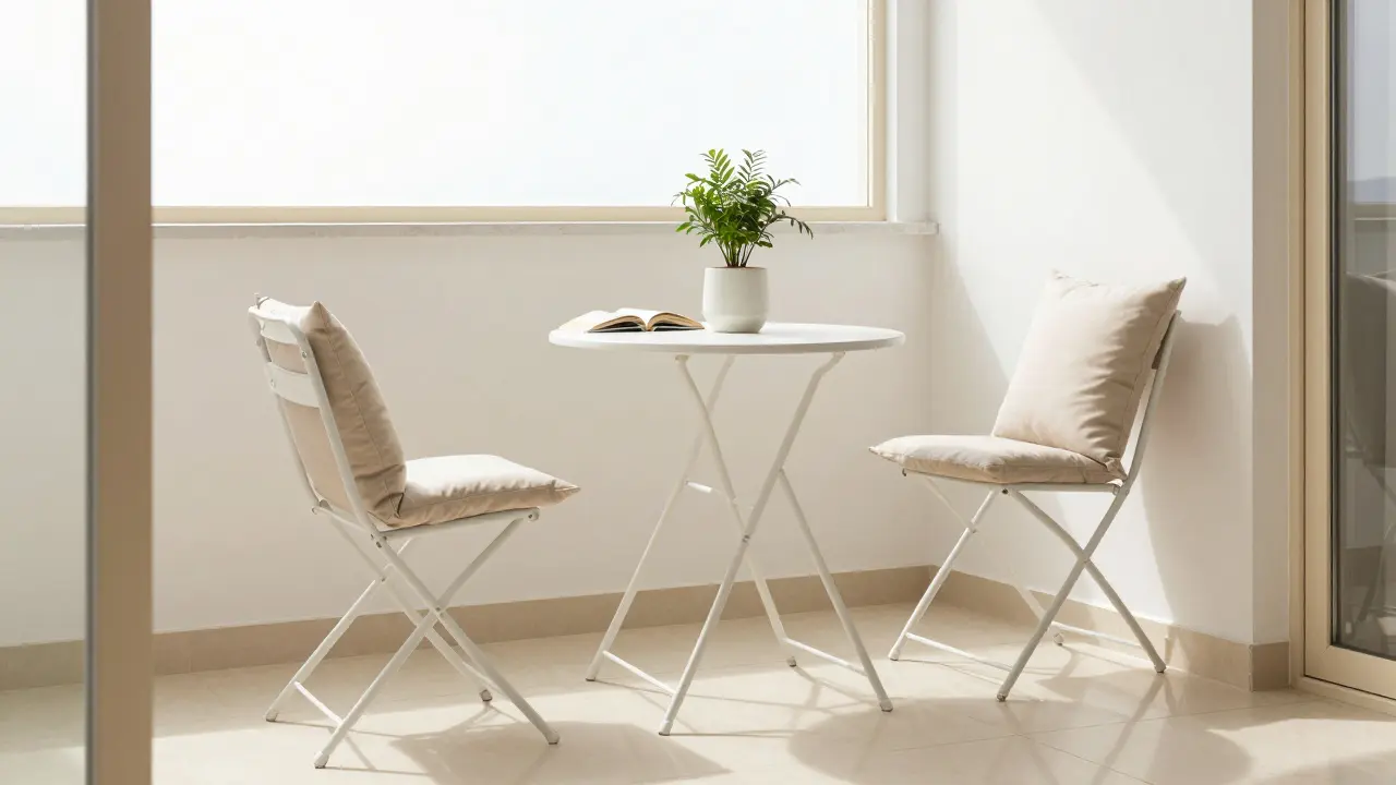 Světlý, minimalisticky upravený balkon s nábytkem