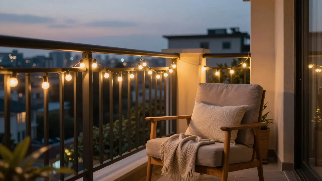 Útulný večerní pohled na balkon se světelnou dekorací