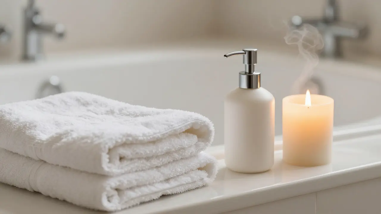 Detail bílých ručníků a svíčky v luxusní wellness atmosféře