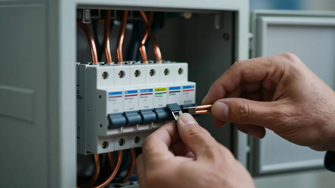 Detail elektroinstalace: zapojení jističů a kabelů v rozvaděči