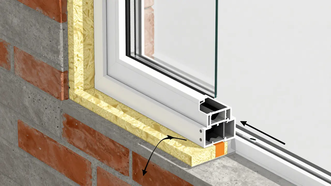 Detailní průřez ukázka metody teplé instalace okna s izolací a těsněním.