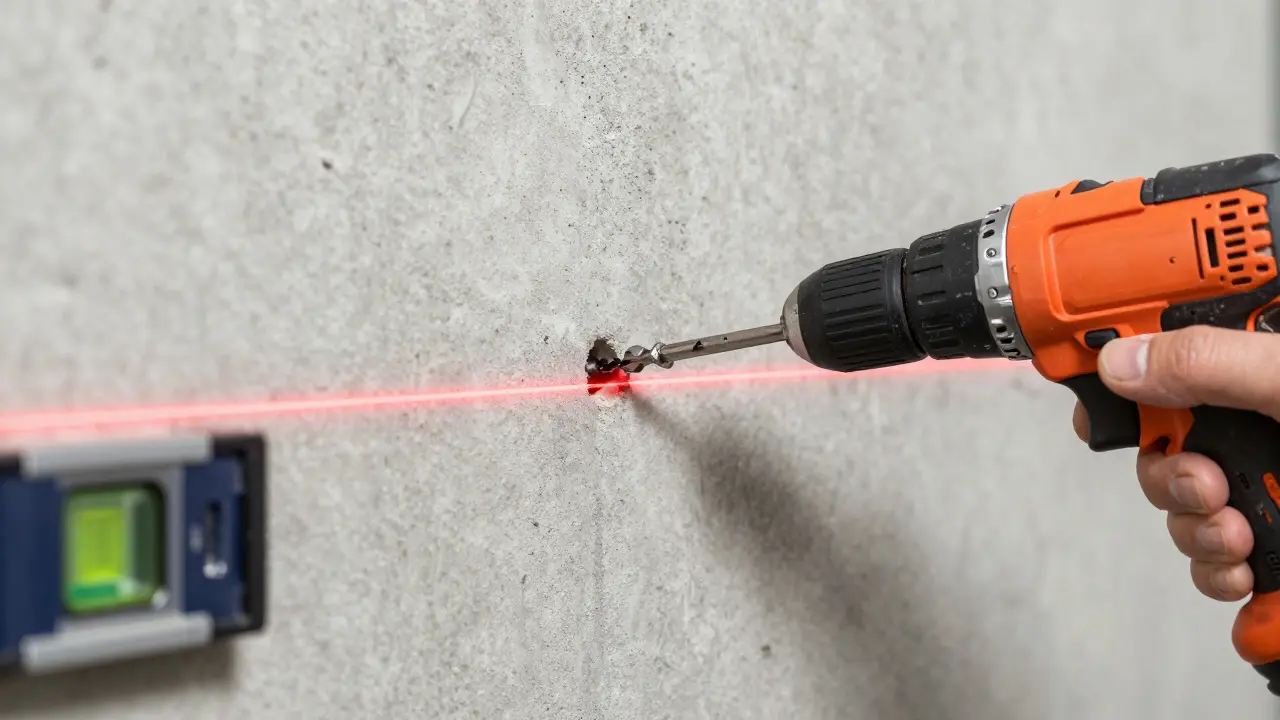 Instalace police na betonovou zeď pomocí vrtáku a laserové vodítka