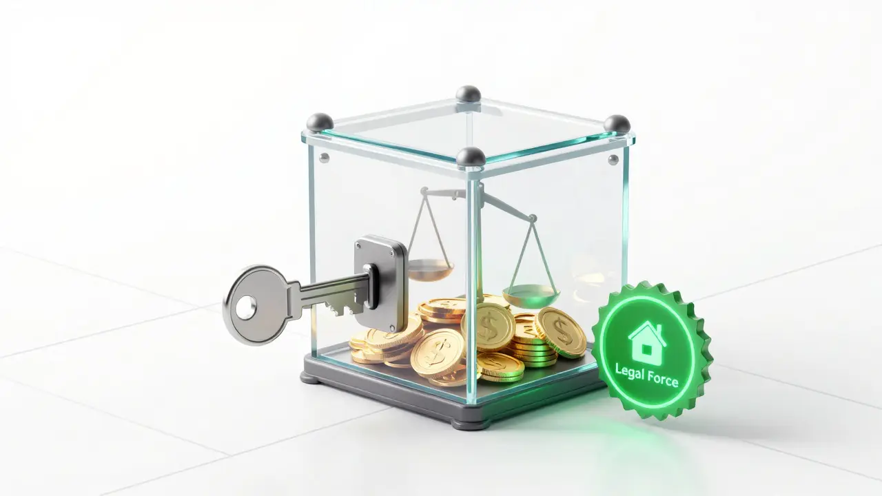 Konceptuální ilustrace bezpečné úschovy kupní ceny v transparentní truhle