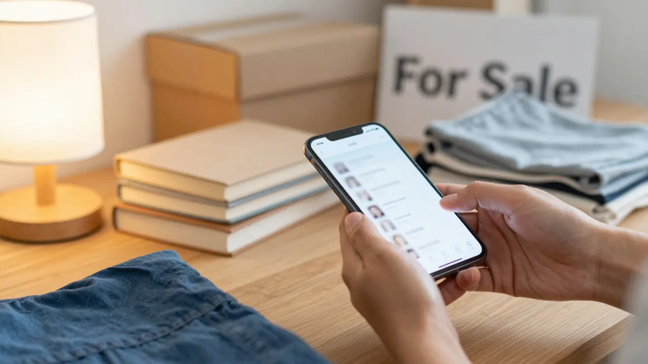 Ruce třídící věci k prodeji na trhu pomocí mobilního telefonu