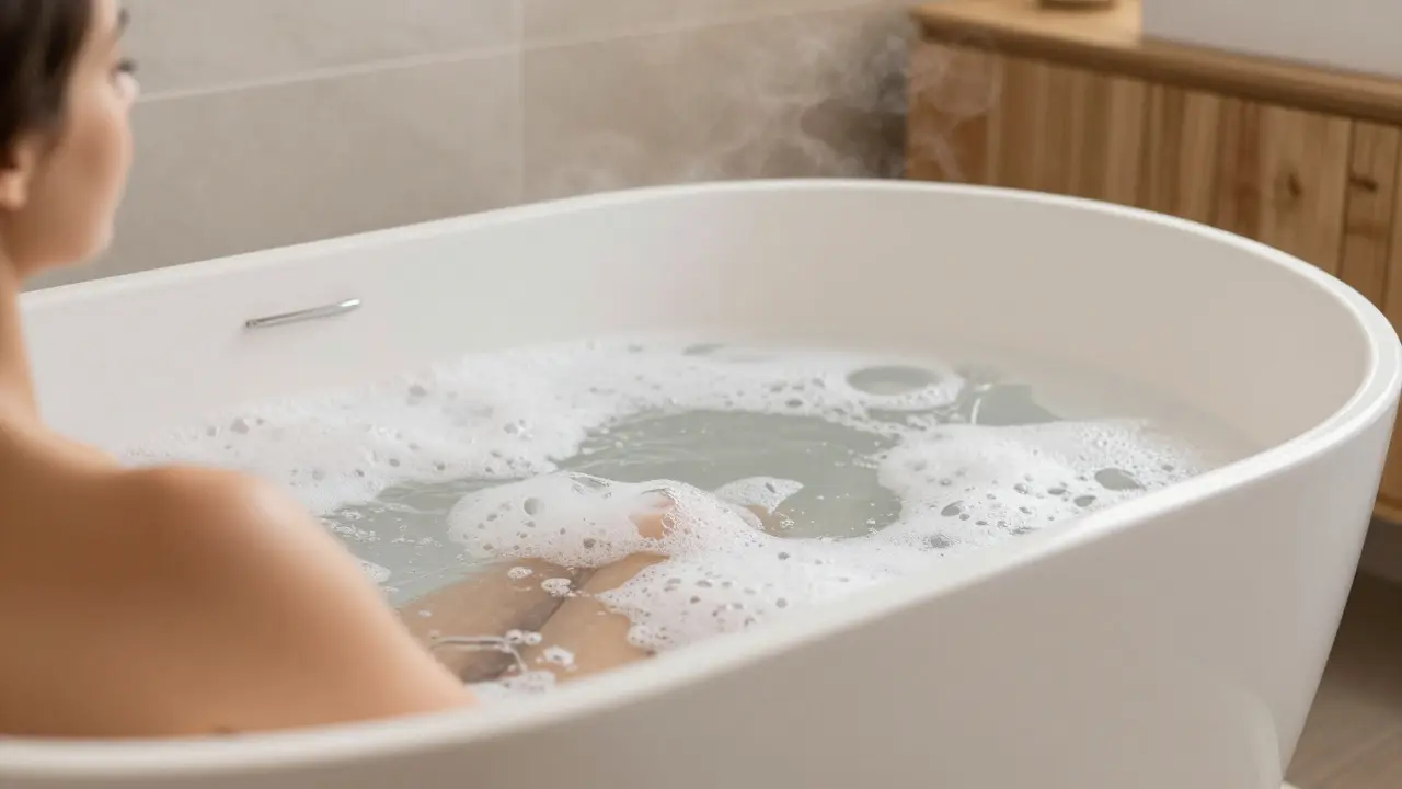 Člověk relaxující v hluboké bílé vaně