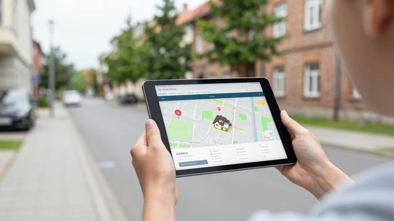 Člověk studující nemovitosti na tabletu na klidné ulici