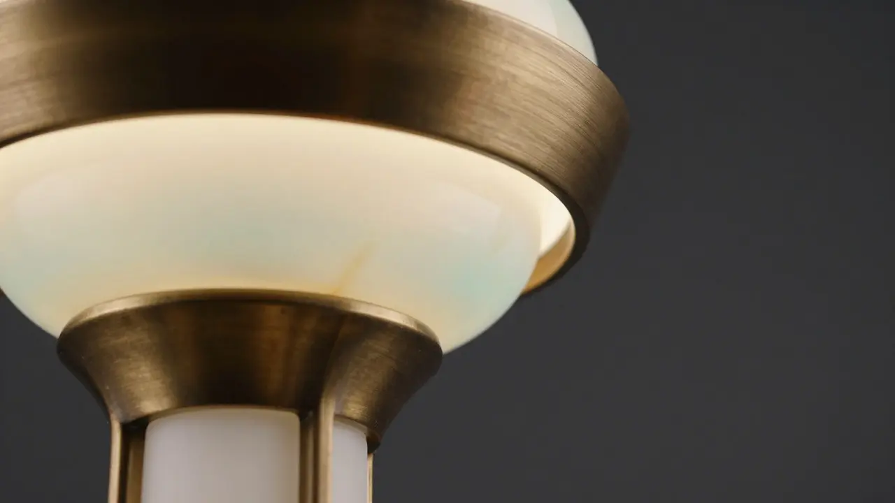 Detailní záběr na prémiové materiály designérského svítidla: bronz, sklo a kompozit.