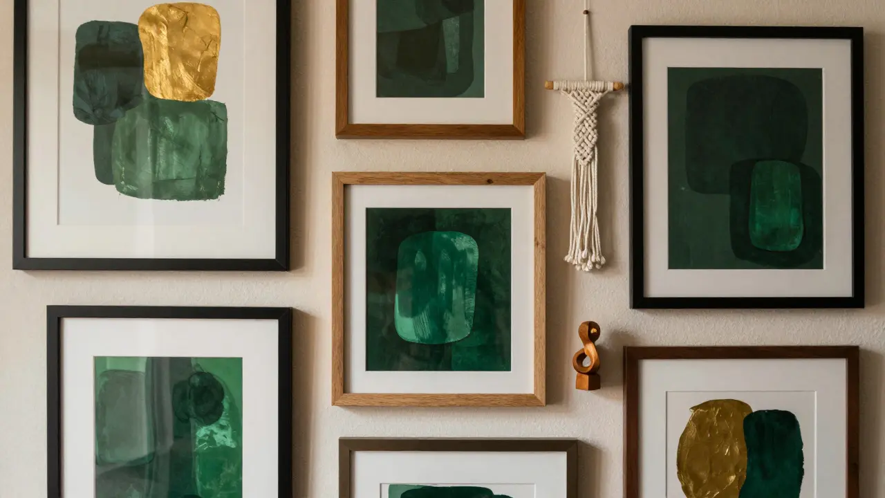 Eklektická nástěnná galerie s abstraktními obrazy, makramé a dřevěnými soškami