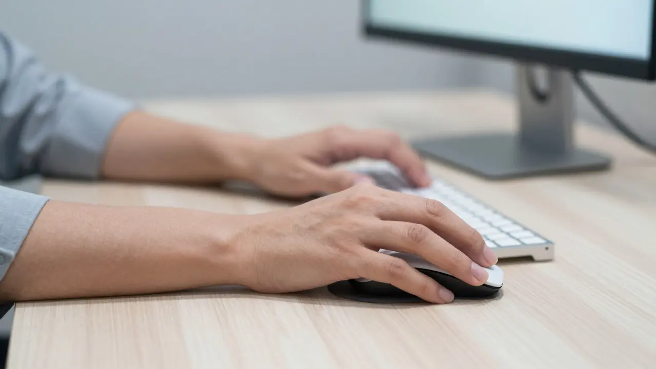 Ergonomické umístění klávesnice a myši s rovnými zápěstími a lokty pod pravým úhlem