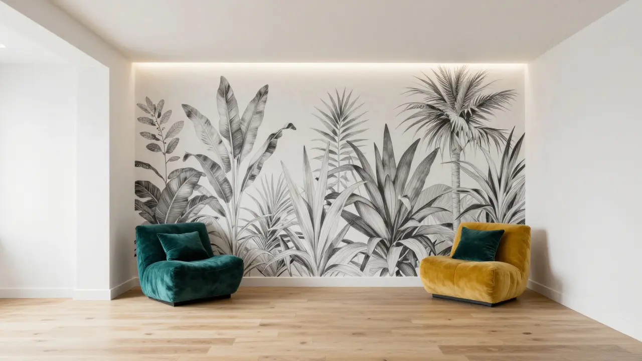 Hybridní interiér kombinující skandinávský styl s odvážným botanickým vzorem na stěně