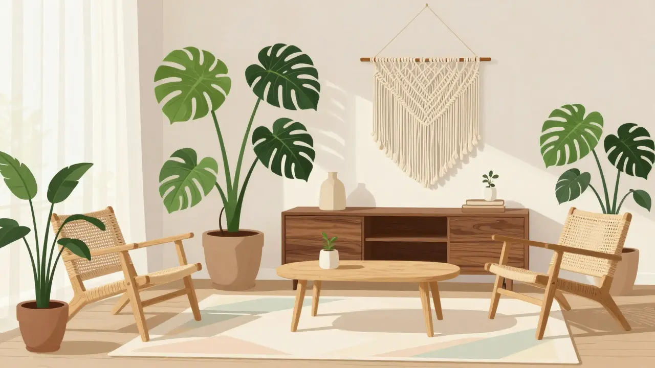 Interiér ve stylu Scandi-Boho s rostlinami a přírodními materiály