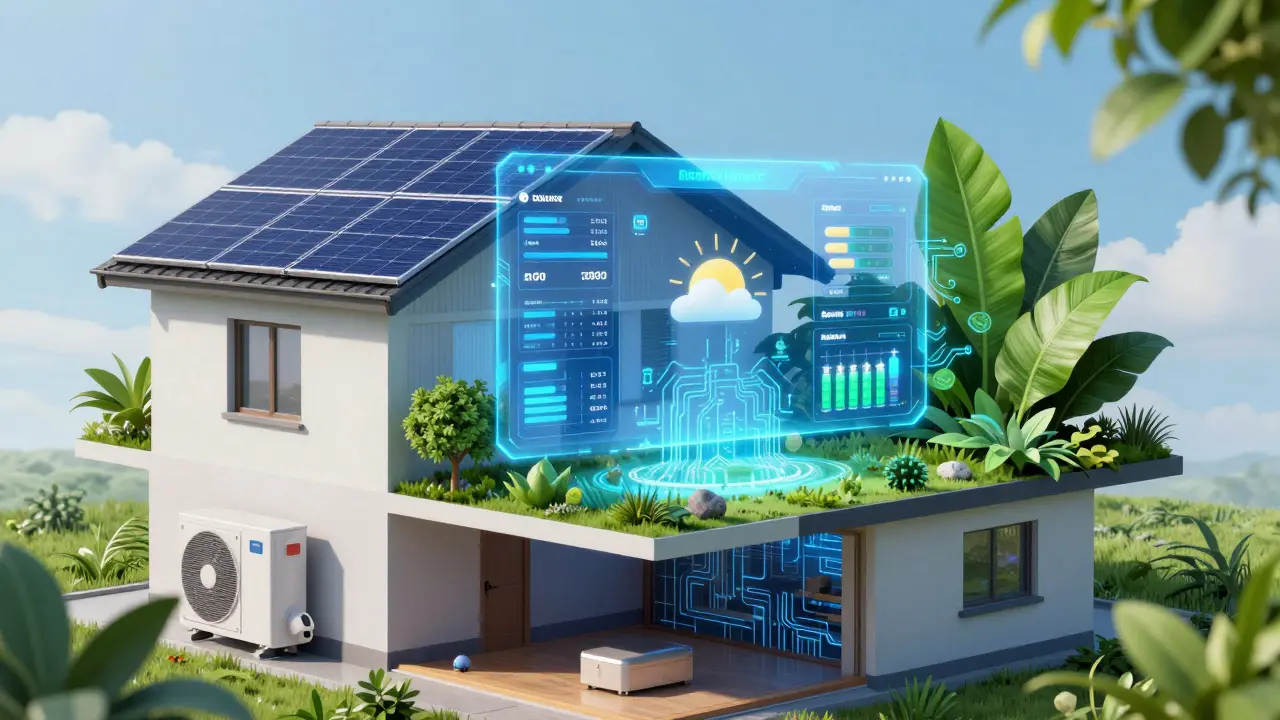 Koncept inteligentního domu s integrací solárních panelů a energetického managementu