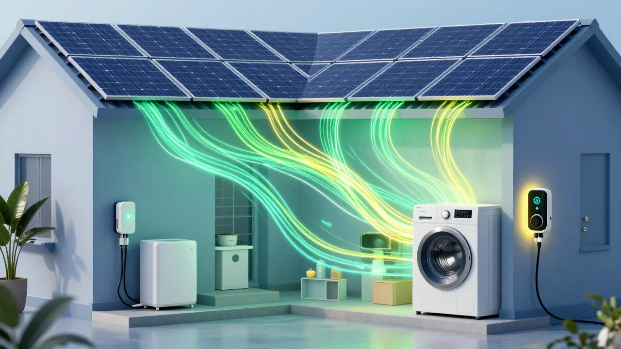 Konceptuální vizualizace toku solární energie k domácím spotřebičům