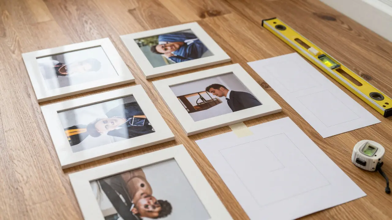 Papírové šablony a rámy na podlaze pro plánování rozložení fotogalerie