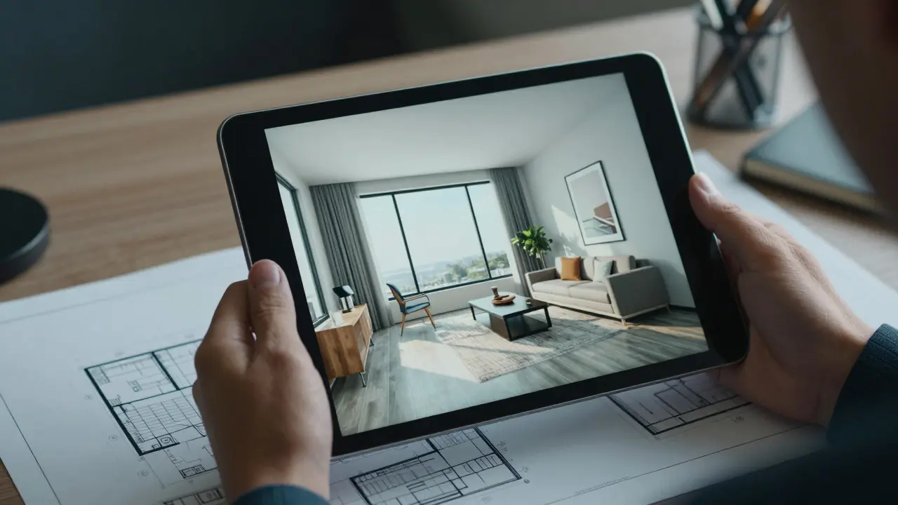 Porovnání 3D vizualizace na tabletu a reálné fotografie interiéru