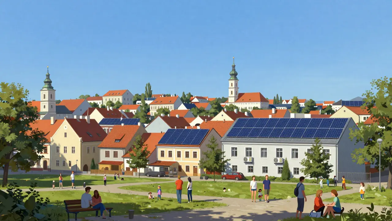 Rodiny užívají si čistý vzduch v ekologicky upraveném městě