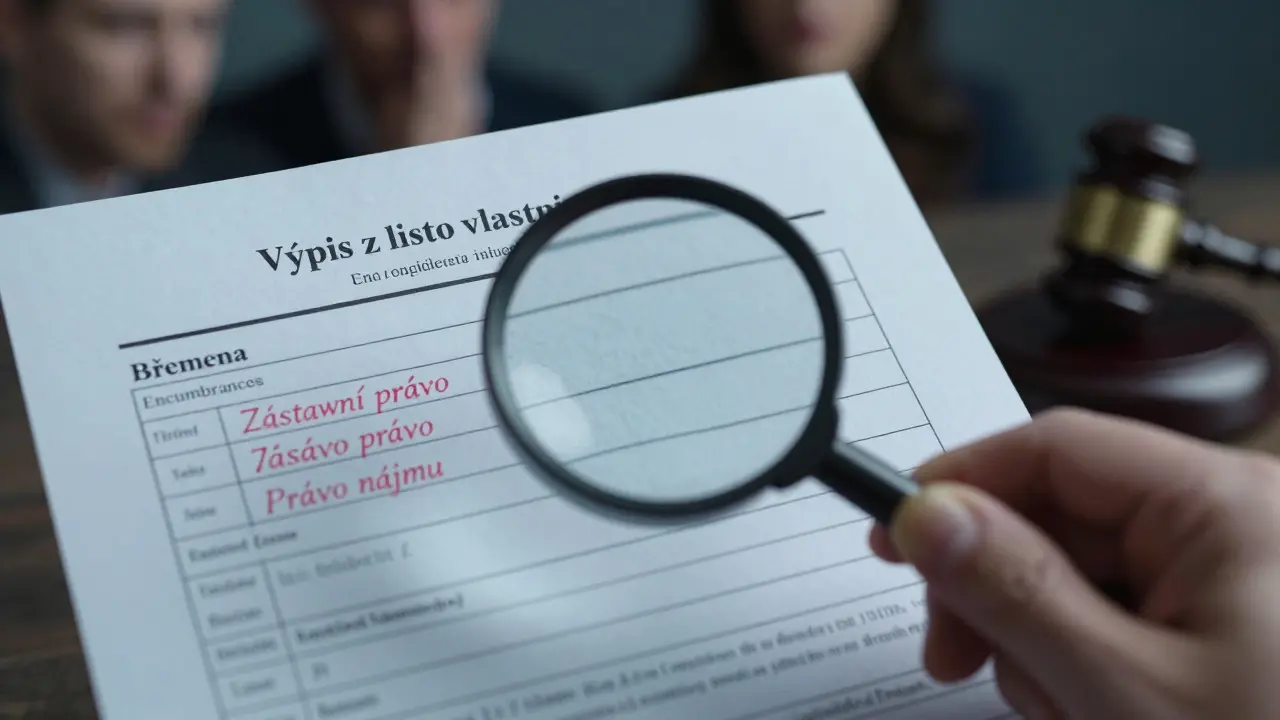 Ruka s lupou zkoumá břemena a hypotéky v výpisu z katastru