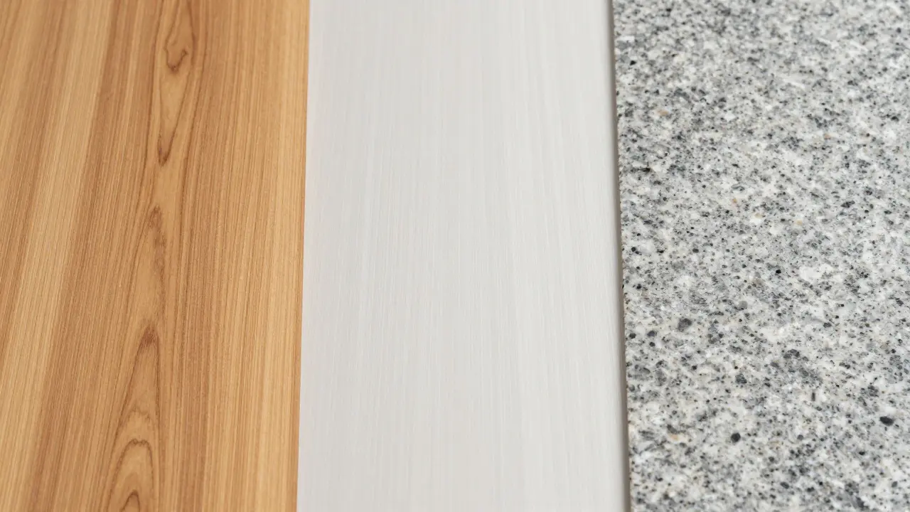 Srovnání textur dřeva, laminátu a kamene na deskách