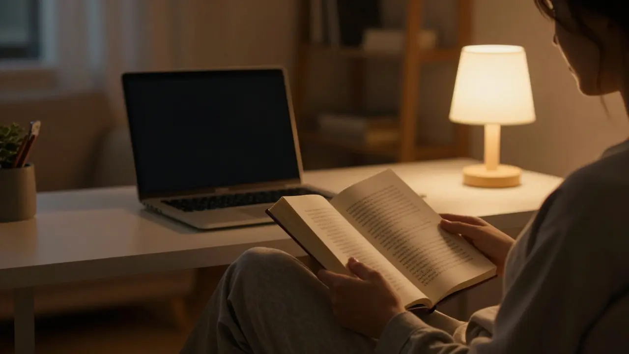 Zavřený notebook a člověk čtoucí knihu při večerním světle