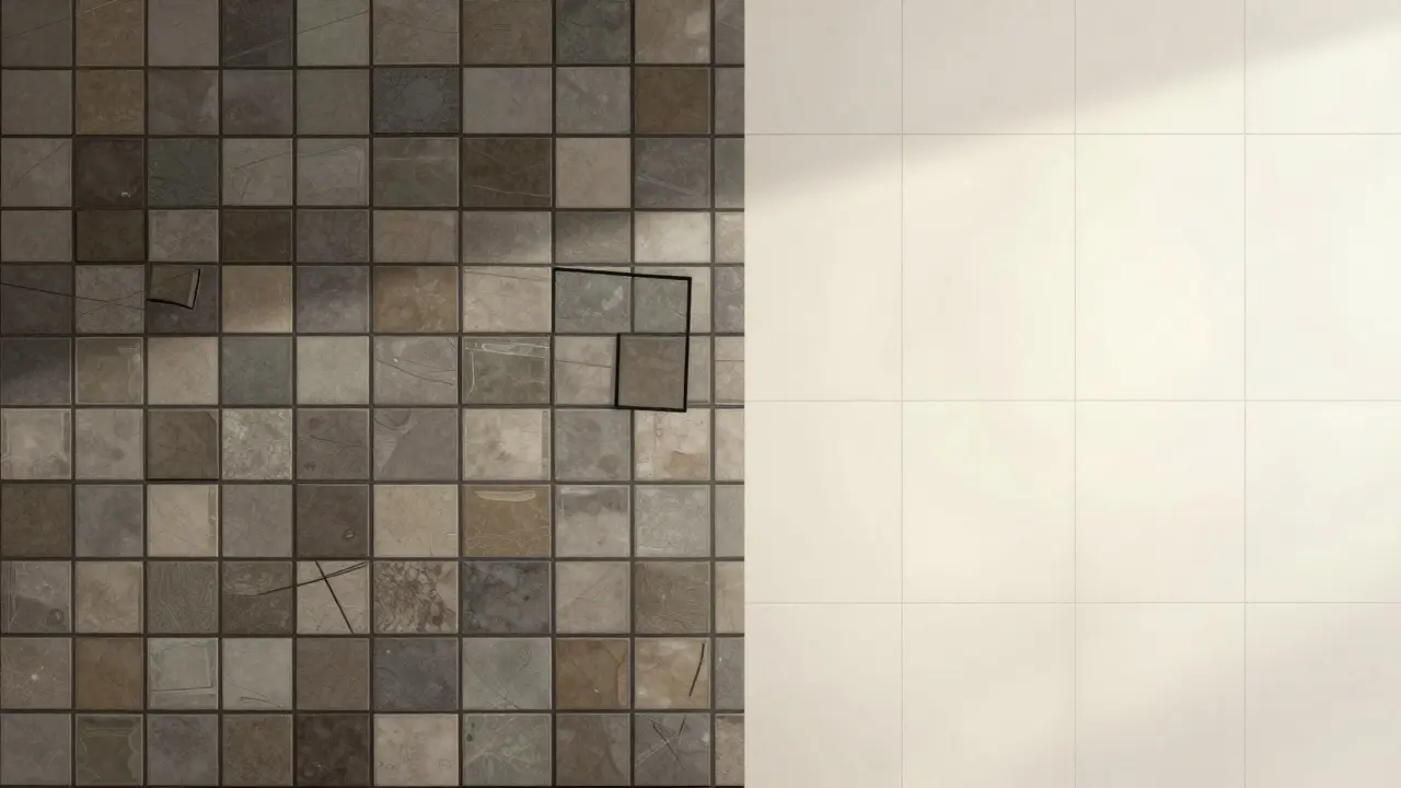 Comparison between small tiled grid and seamless large-format surface