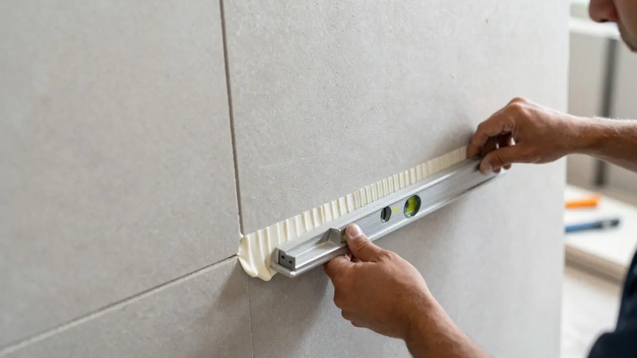 Craftsman installing a large ceramic slab using leveling wedges