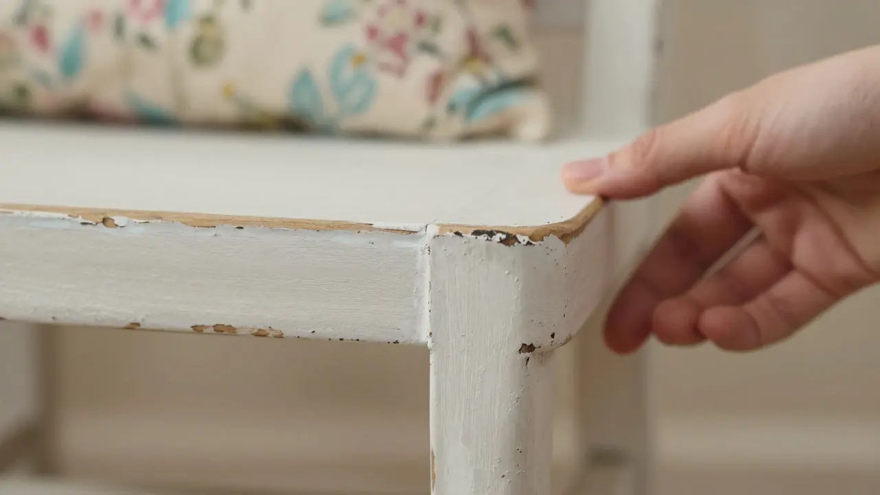 Detail odškrábané bílé barvy na dřevěném nábytku ukazující patinu