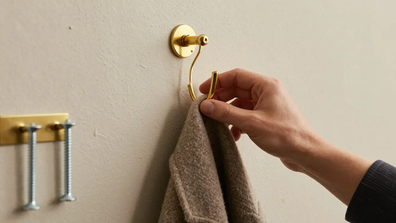 Hand hanging a heavy coat on a brass hook