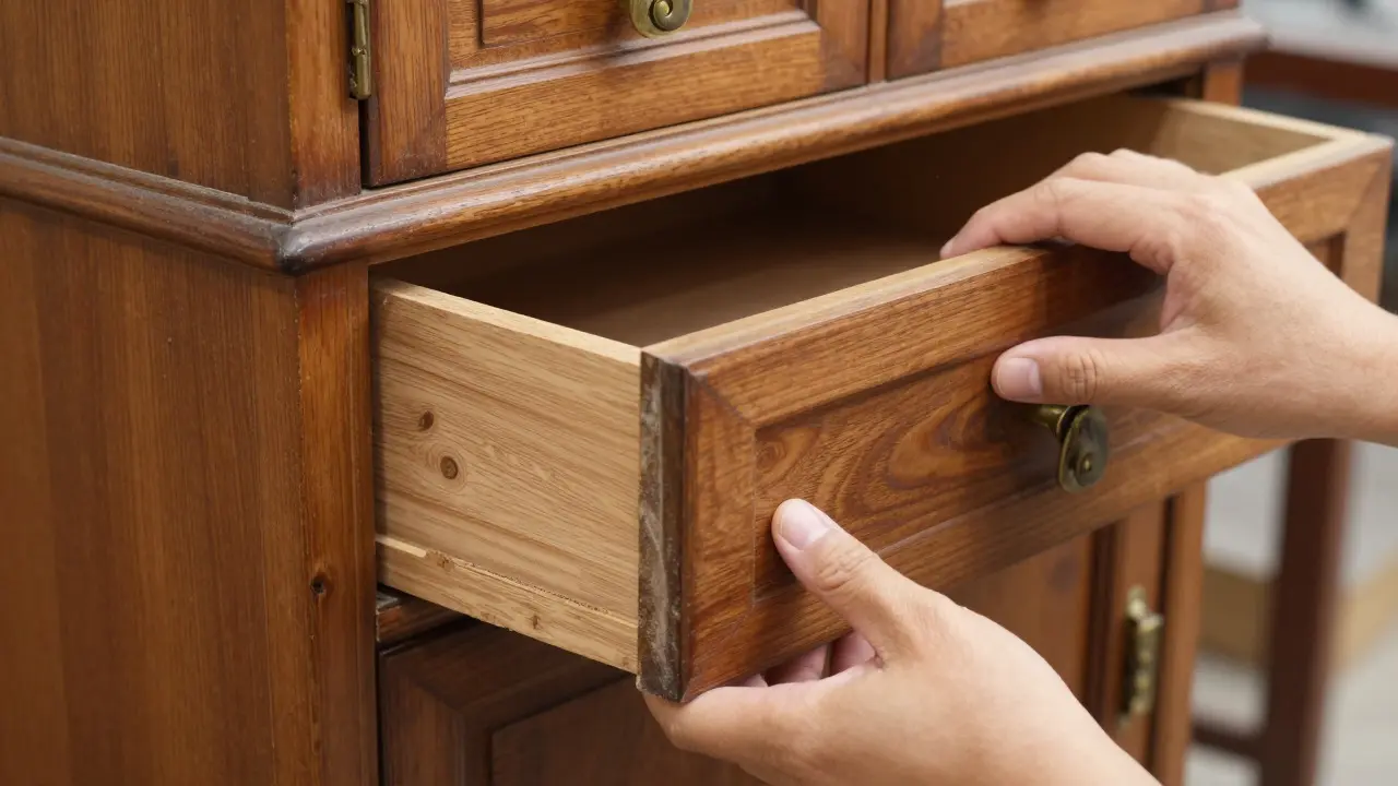 Hands inspecting the wood grain and drawer of an antique cabinet