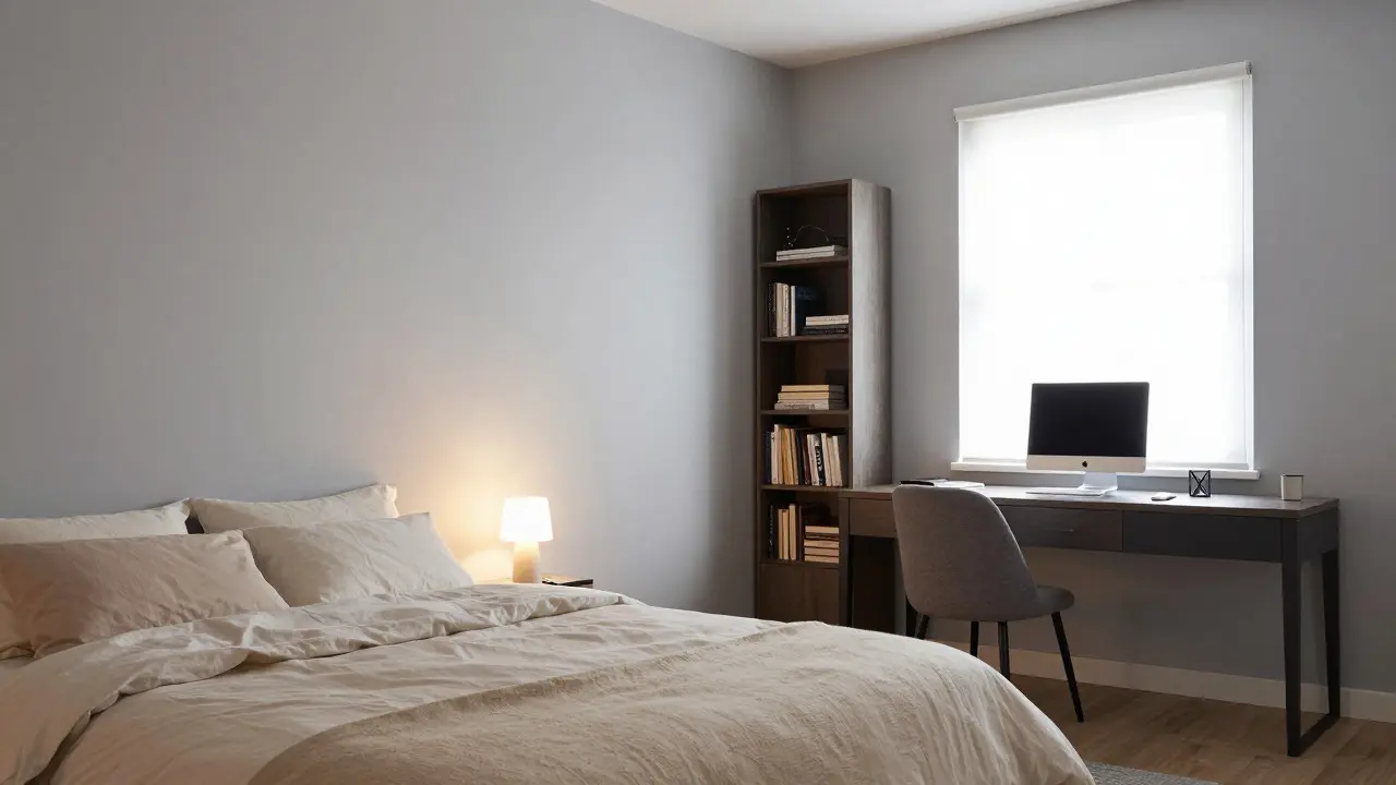 Interior view showing separate sleeping and working zones divided by a bookshelf and different lighting