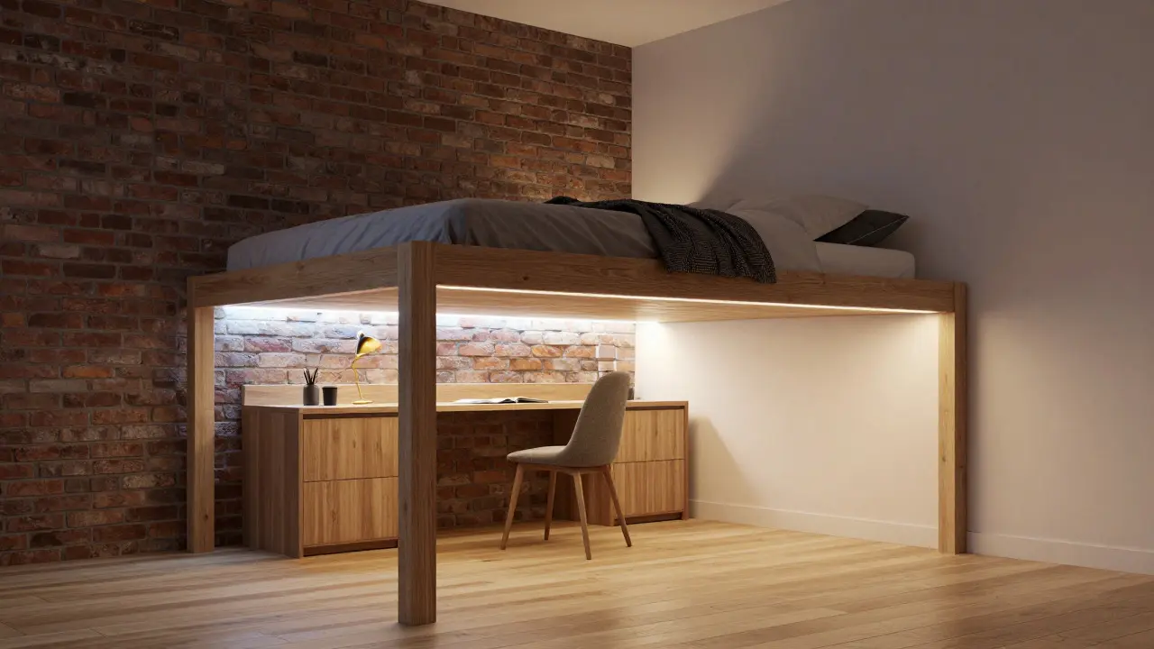 Loft-style bedroom with a raised platform bed and a workspace tucked underneath